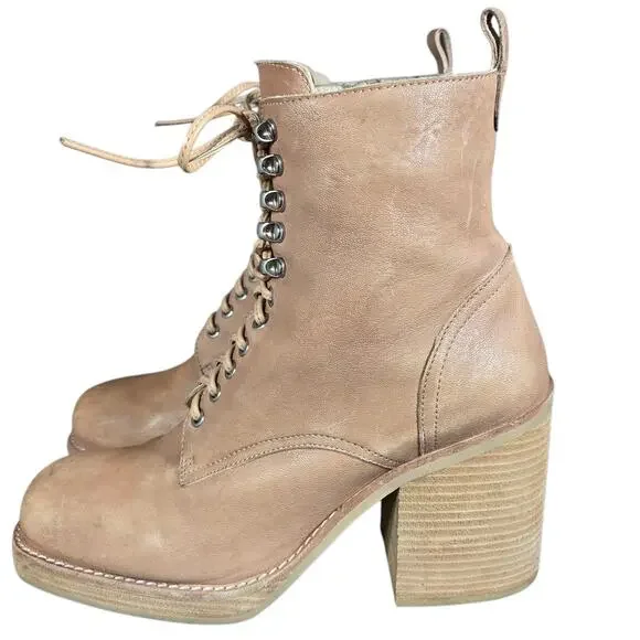 Jeffrey Campbell Dotti Boots Women 10 Beige Heeled Leather Lace Up Combat Anthro - Picture 3 of 11